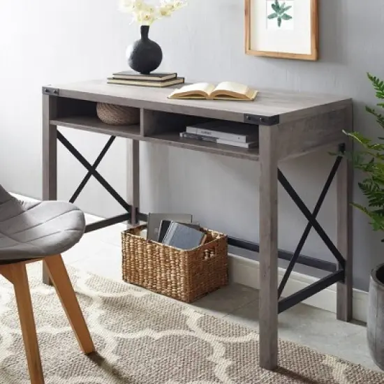 Sophie Modern Farmhouse X Frame Writing Desk with Cubbies Gray Wash - Saracina Home image {1}