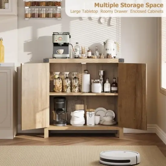 Rattan Sideboard Buffet Cabinets with Storage, Farmhouse Storage Cabinet, Wooden Coffee Bar Cabinet for Kitchen, Dining Room, Living Room image {3}