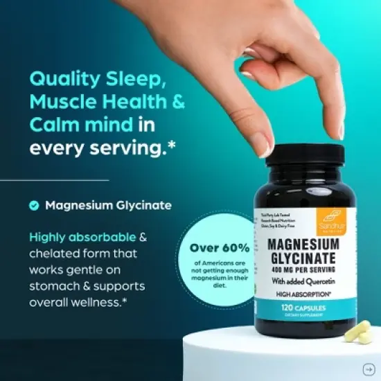 Sandhu's Magnesium Glycinate 400mg Capsules with Quercetin (120 capsules) for Quality Sleep, Relaxation, Muscle, Bone Health & Immune Support image {3}
