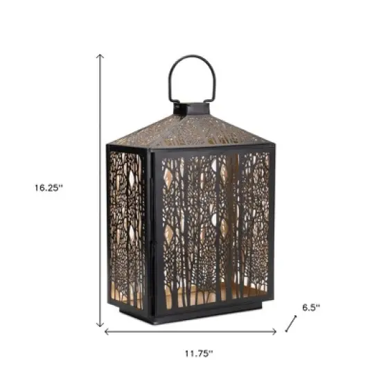 HomeRoots 16" Black And Gold Pierced Floral Metal Lantern Candle Holder image {2}