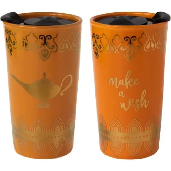 Disney Aladdin Travel Coffee Mug, 16oz - Insulated, Ceramic To-Go Cup with Lid - Gold Genie Lamp & Make A Wish Design - Gift for Teen, Adults & image {4}