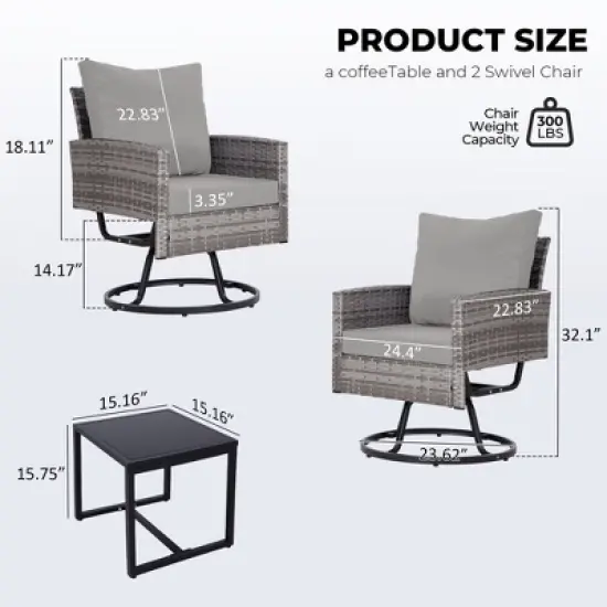 3-Piece Wicker Patio Furniture Set, Rattan Swivel Chairs with Coffee Table, Outdoor Seating for Porch, Balcony, or Garden &ndash;Wicker with Cushions image {10}