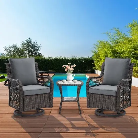 3 Pieces Outdoor Swivel Rocker Chair Set Swivel Glider Rocker Rocking Chair Set with Glass Top Table with Thick Cushions for Backyard, Balcony, Deck image {10}