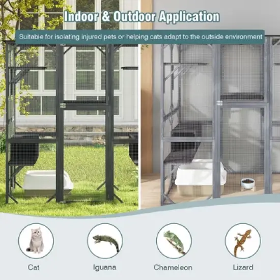 Costway Large Wooden Cat House 71'' Indoor Outdoor Weatherproof Catio Kitten Enclosure image {7}