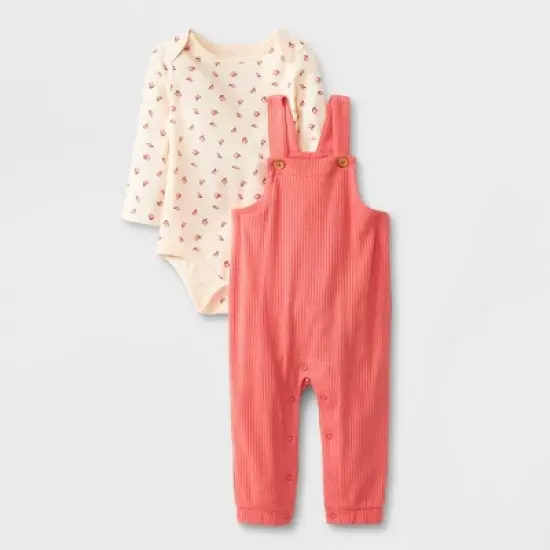 Baby Girls' 2pc Long Sleeve Bodysuit & Overalls Set - Cat & Jack&trade; Peach Orange image {4}