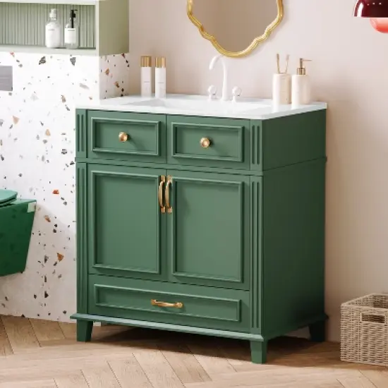 30 Inch Modern Single Sink Bathroom Vanity with 2 Doors & 2 Drawers, Quick Assembly, Solid Wood Construction image {6}