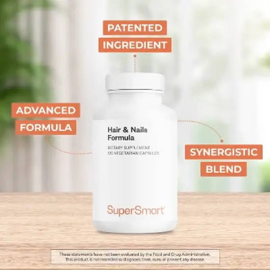SuperSmart Hair & Nails Formula - Patented Solubilized Keratine - with Biotin, Bamboo, MSM, Cynatine HNS Keratin | Non-GMO - 120 Vegetarian Capsules image {2}