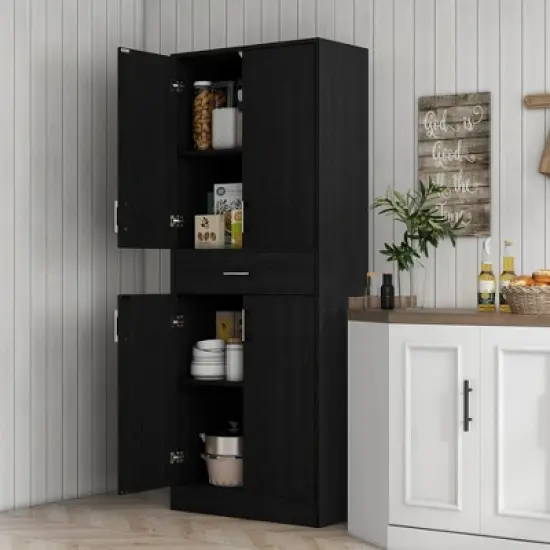Gulches 70.75"H Freestanding Kitchen Pantry Cabinet - 2 Double Doors, Drawer, Adjustable Shelf, Distressed Black, 27.75"W x13.5"D image {3}