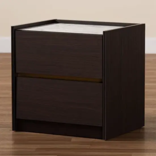 Walker Wood Nightstand with Faux Marble Top Dark Brown/Marble/Gold - Baxton Studio image {5}