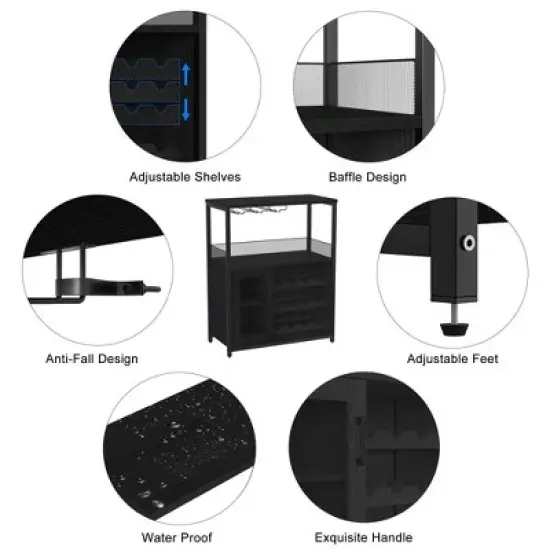 3-Tier Industrial Wine Bar Cabinet with Detachable Wine Rack, Drawer, Glass Holder & Mesh Doors Durable Sideboard and Buffet Storage, Brown image {8}