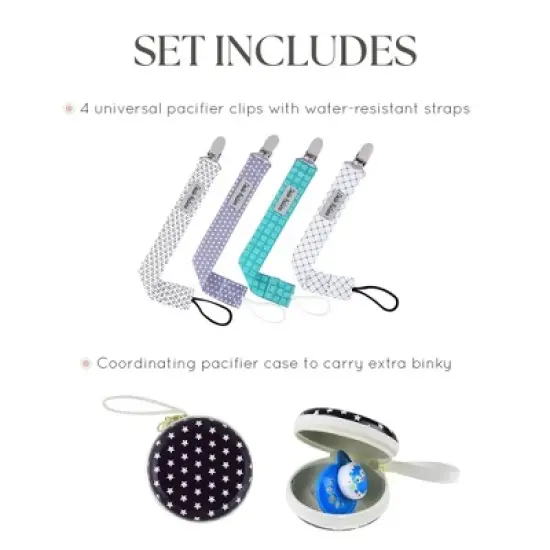 Dodo Babies Pacifier Clip Set - Four Clips Plus Binky Case - Universal Holder Fits Most Paci Brands, Teether Toys and Car Seats image {2}