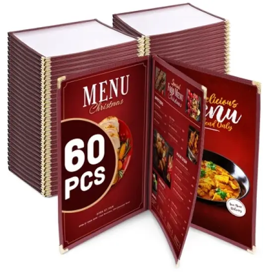 WeChef 60 Pack Restaurant Menu Covers 8.5x11" Book Style 3 Pages 6 View Burgundy Red image {6}