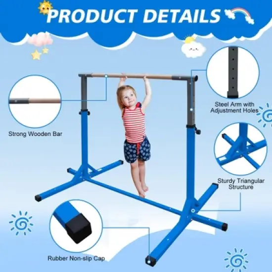 NAYSAYE Exercise Trainer Gymnastics Bar for Kids Adjustable Height for Home Play and Training, Blue, 52.56"*21.85"*5.51" image {1}