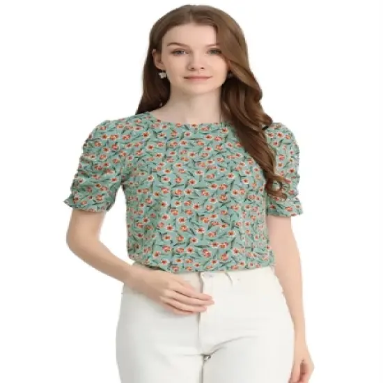Allegra K Women's Floral Crew Neck Summer Casual Shirred Short Sleeve Blouse image {17}