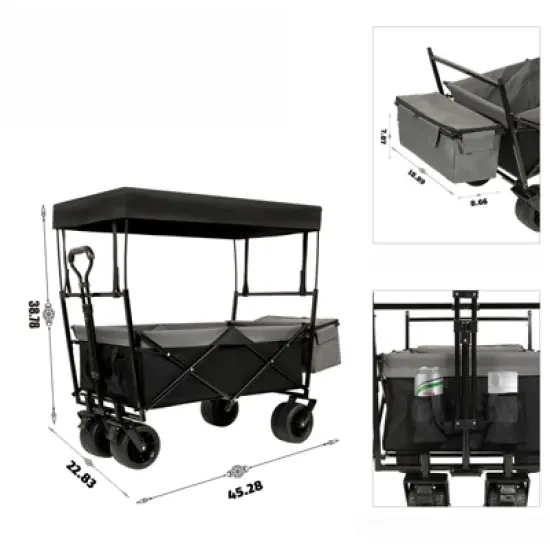 DSVIMOY Collapsible Wagon with Canopy, Wagon Stroller, Foldable Wagon for Camping, and Garden Use, Black, 45.28"*22.83"*38.78" image {2}