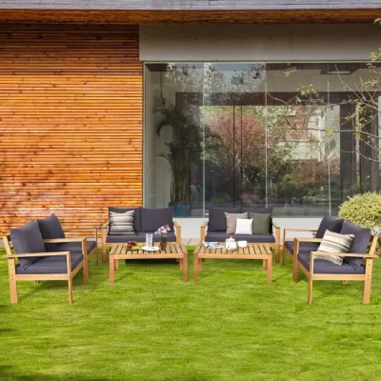 Costway 8PCS Patio Furniture Set Acacia Wood Thick Cushion Loveseat Sofa Off White\Turquoise\Grey image {12}