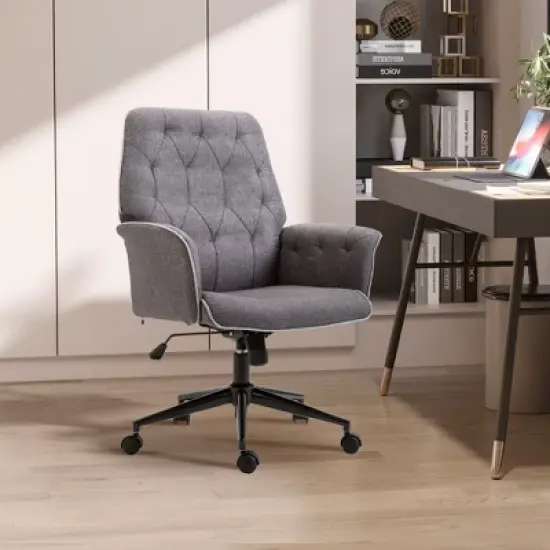 Vinsetto Modern Mid-Back Tufted Linen Home Office Desk Chair with Arms, Swivel Adjustable Task Chair, Upholstery Accent Chair with Soft Seat, Gray image {2}