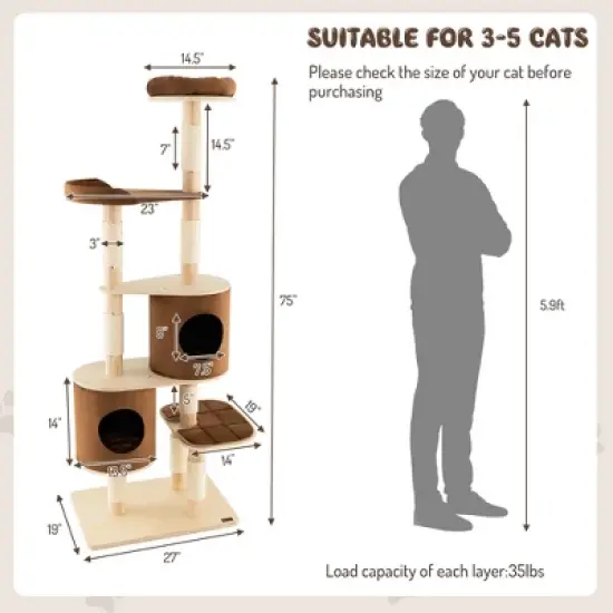 Costway 75'' Multi-layer Wooden Cat Tree Indoor Tower Activity Play Center with 2 Condos image {9}