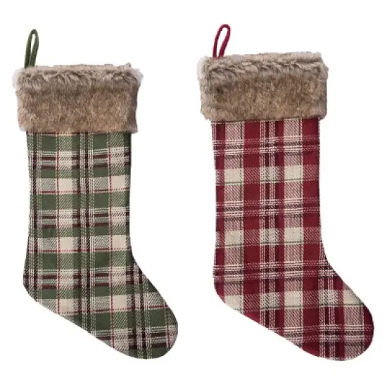 Transpac Green and Red Plaid Fabric Christmas Stockings Set of 2 Holiday Home Decorations Polyester image {1}
