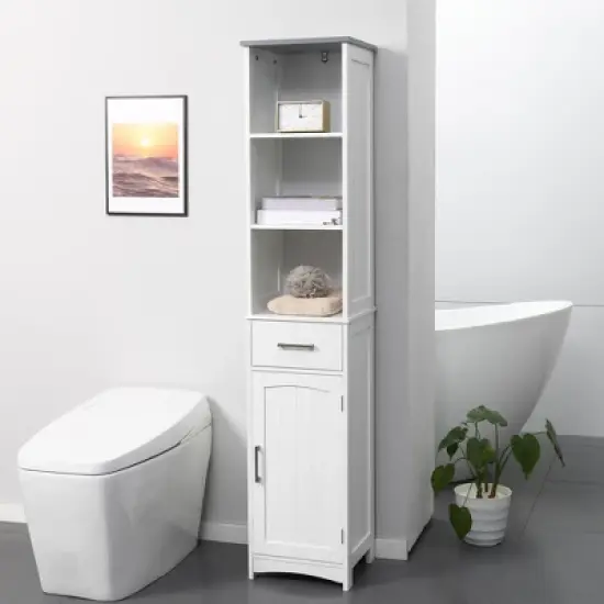kleankin Tall Bathroom Storage Cabinet with 3 Tier Shelf, Cupboard, Drawer, Door, Freestanding Linen Tower, Slim Side Organizer, White image {2}