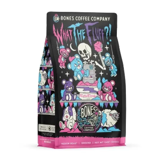 Bones Coffee Company What the Fluff?! Ground Coffee Beans Berry Cotton Candy Flavor 12 oz Medium Roast (Ground) image {3}