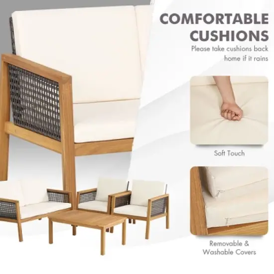 Tangkula 8PCS Patio Acacia Wood Furniture Set PE Rattan Conversation Set w/ Off White Cushions image {7}