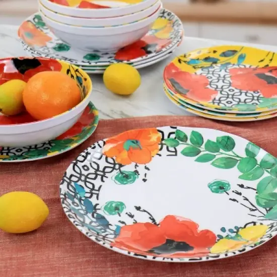 12pc Grace Melamine Dinnerware Set - Elama: Floral Botanical Dishes, Off-White, Service for 4, Dishwasher-Safe image {7}