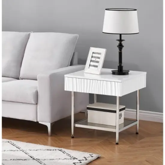 Waves Coastal 1 Drawer Side Table Glossy White - Treasure Trove Accents image {5}