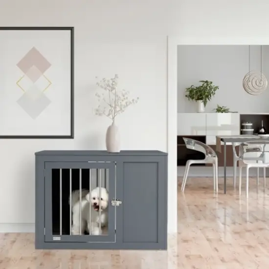 PawHut Wooden Dog Crate Furniture Wire Pet Cage Kennel, End Table with Double Doors, and Locks, for Medium and Large Dog House Indoor Use image {2}