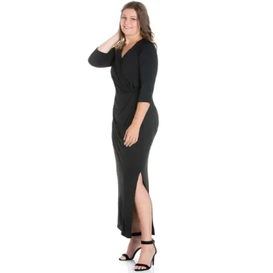 24seven Comfort Appare Fitted V-Neck Side Slit Maxi Plus Size Dress image {1}