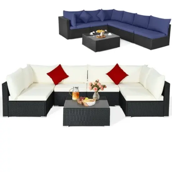 Costway 7PCS Patio Rattan Furniture Set Sectional Sofas Off White & Navy Cushion Covers image {7}
