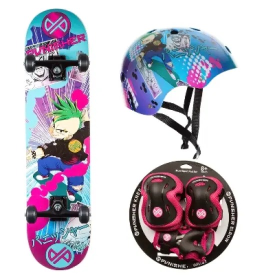 Punisher Anime Skateboard, Helmet & Pad Set Bundle - Canadian Maple Skateboard, Durable Protective Gear image {1}