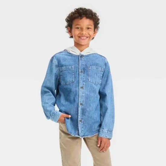 Boys' Long Sleeve Hooded Shacket - Cat & Jack&trade; Medium Wash image {3}