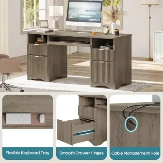 Bestier 59''Executive Office Desk with File&Storage  Drawers，Computer Desk with Keyboard Tray, Office Desks with Cable Management&2 Open Compartments image {1}