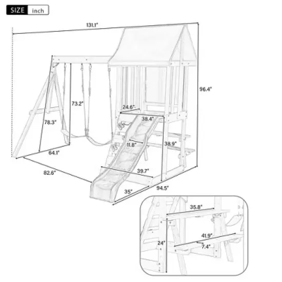 TopComfy Playground Swings 3 in 1 Wooden Swing Set with Slide and Climber for Backyard Play, Blue, 131.1"*94.5"*96.4" image {2}