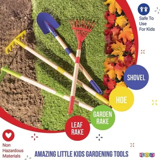 Kids Garden Tool Set Toy 4-Piece - Includes Shovel, Rake, Hoe, Leaf Rake Wooden Gardening Tools For Kids - Play22usa image {4}