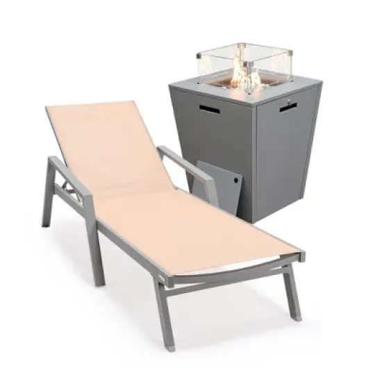 LeisureMod Marlin Modern Grey Aluminum Outdoor Patio Chaise Lounge Chair With Arms and Square Fire Pit Side Table image {20}