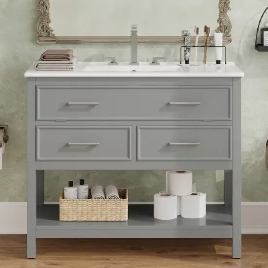 Christopher Knight Home Lowell Contemporary 36" Bathroom Vanity with Ceramic Sink, Tip-Out Tray, 2 Drawers and Open Shelf image {9}