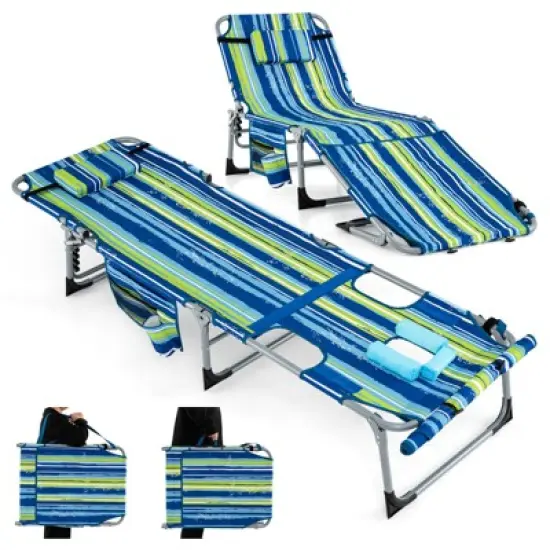 Tangkula 2 PCS Folding Chaise Lounge Chair Sunbathing Recliner w/ Removable Pillow Navy Blue image {9}