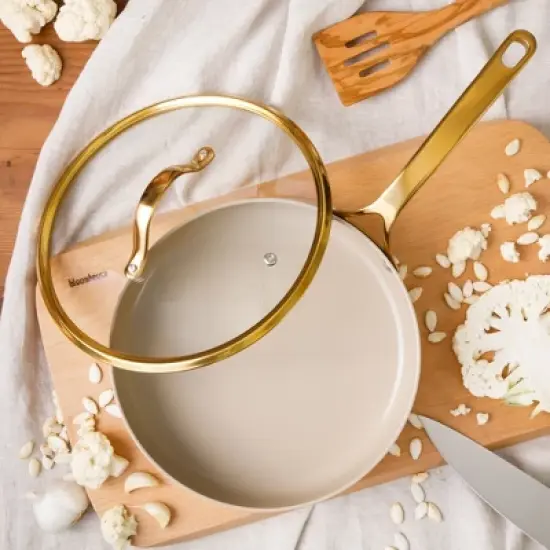 Bloomhouse 10 Inch Heavy Duty Aluminum Premium PFA Free Ceramic Nonstick Saute/Deep Frying Pan Skillet with Lid - Linen White with Gold Handle image {11}