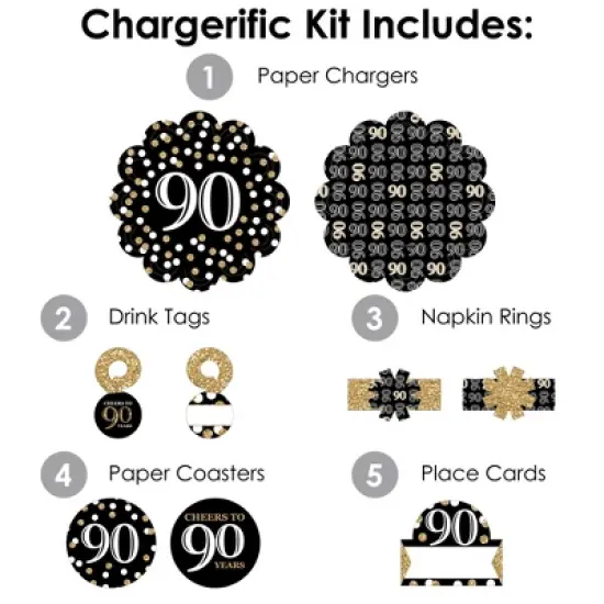 Big Dot of Happiness Adult 90th Birthday - Gold - Birthday Party Paper Charger and Table Decorations - Chargerific Kit - Place Setting for 8 image {2}