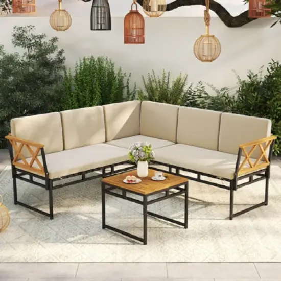 Costway 4 Piece Outdoor Sectional Sofa Set L-Shaped Metal Conversation Set with Cushions image {10}