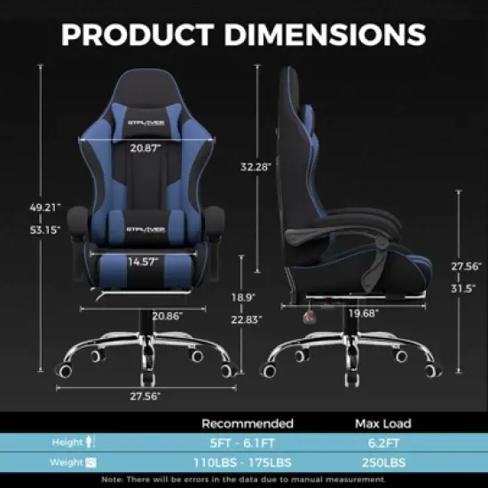 GTPLAYER Fabric Gaming Chair with Footrest and Lumbar Support, Height Adjustable Computer Chair with Headrest image {7}