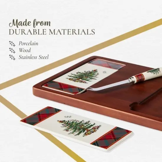 Spode Christmas Tree Cheese Board & Knife Set, Tartan Plaid - Holiday Entertaining, Charcuterie, Cheese and Cracker Tray, and Seasonal Serveware image {3}