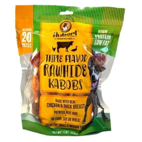 Hubert Pet Triple Flavored Rawhide Kabobs - Chicken, Duck & Pork Hide Dog Treats, Grain Free, Low Ingredient, USA Tested - 1 lb Value Pack image {7}
