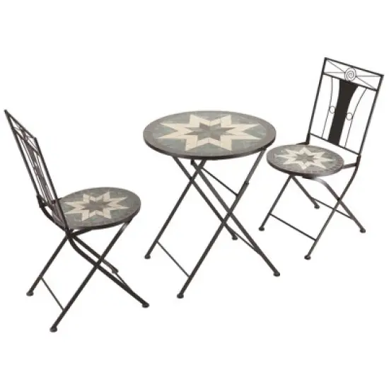 Outsunny 3 Piece Patio Bistro Set, Metal Folding Chairs, Foldable Outdoor Dining Table, Stone Mosaic Pattern for Decor, Poolside, Porch, Coffee image {3}