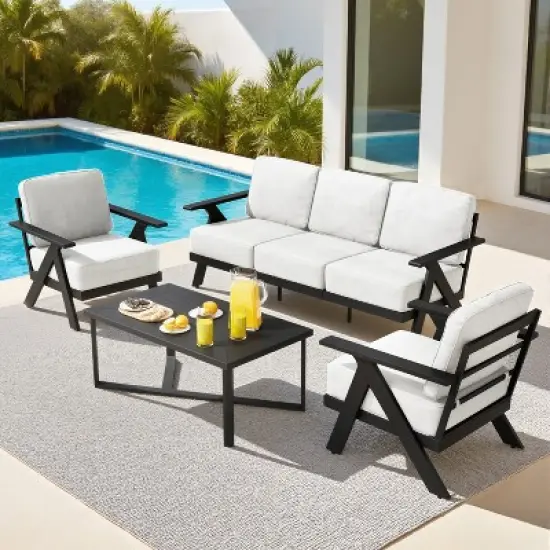 YARDSIGHT 4-Piece Aluminum Outdoor Patio Furniture Set with 3-Seat Couch, 2 Armchairs, and Coffee Table for Backyard, Deck, Poolside image {6}