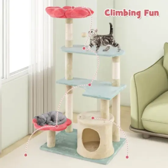 Costway 49" Tall Cat Tree Multi-Level Aesthetic Floral Kitten Tower Indoor Cat Climbing Stand Activity Center image {5}