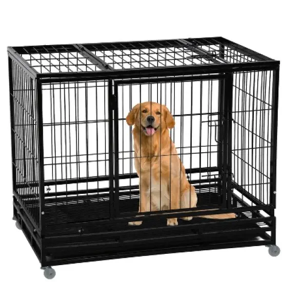 FDW 36/42/48 Inch Dog Crate Heavy Duty Dog Kennel Indoor Outdoor Metal Dog Cage with Removable Pan and Lockable Wheels Pet Playpen for Training image {8}