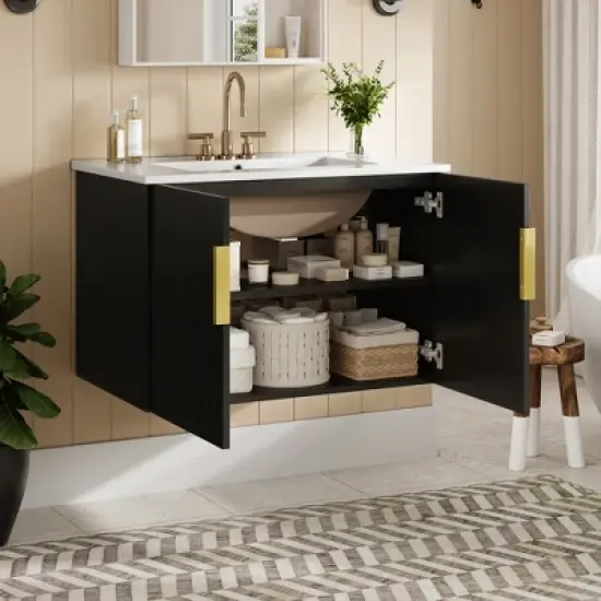 Merax Modern Vintage Wall-Mounted Bathroom Vanity with Ceramic Sink image {1}